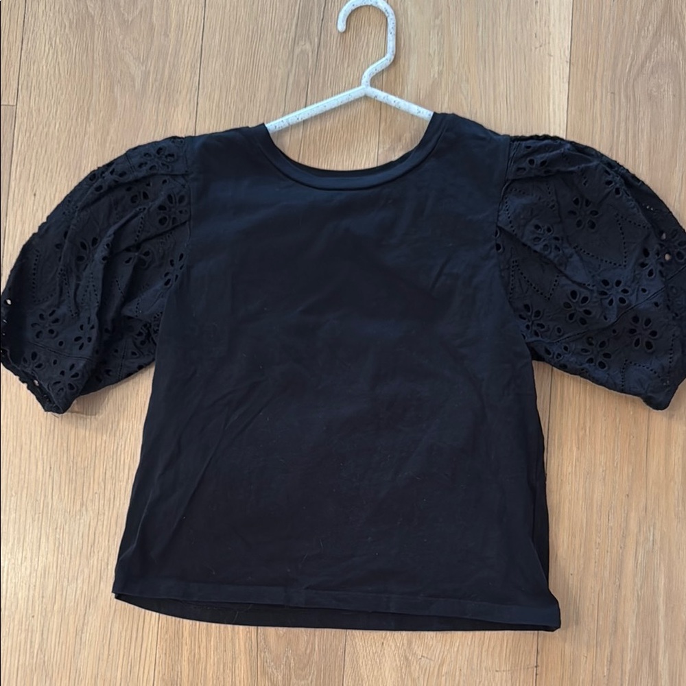 Zara Black Short Sleeve Tee with Eyelet Puff Sleeves
